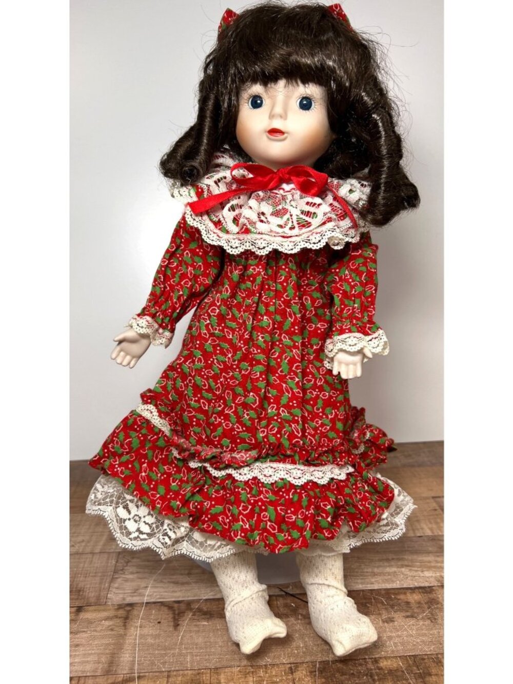 Vintage Porcelain Doll In Festive Red Holly Dress Lace Trim & Bow 16" Tall